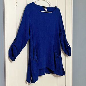 Yushi gauzy tunic top cobalt blue size medium lagenlook minimalist slouchy